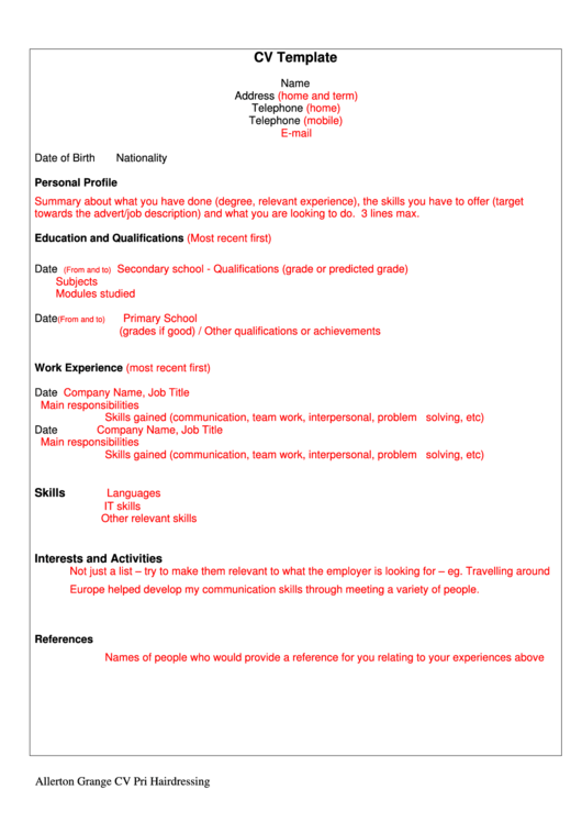 Sample Cv Template With Instructions Printable pdf