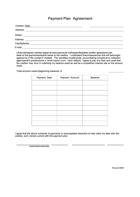 Fillable Payment Plan Agreement printable pdf download