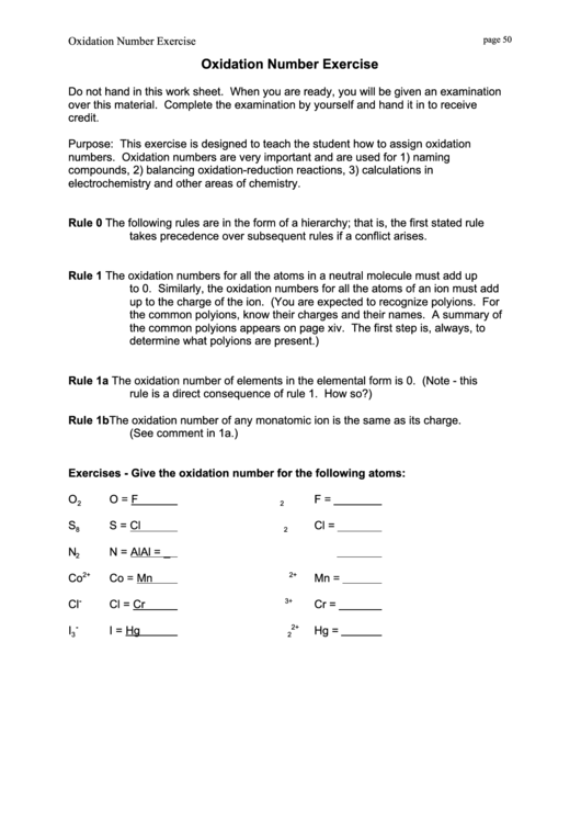 Oxidation Number Exercise Printable pdf