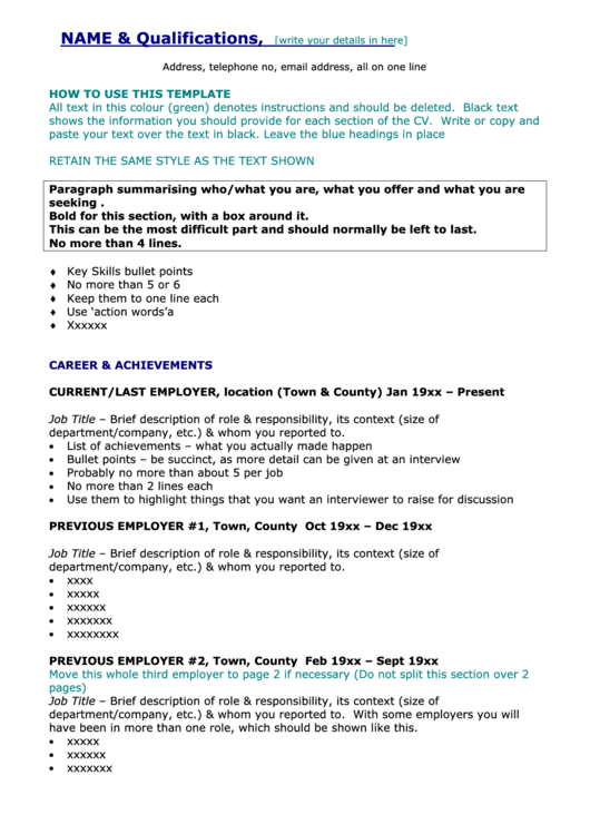 Sample Cv Template With Instructions Printable pdf
