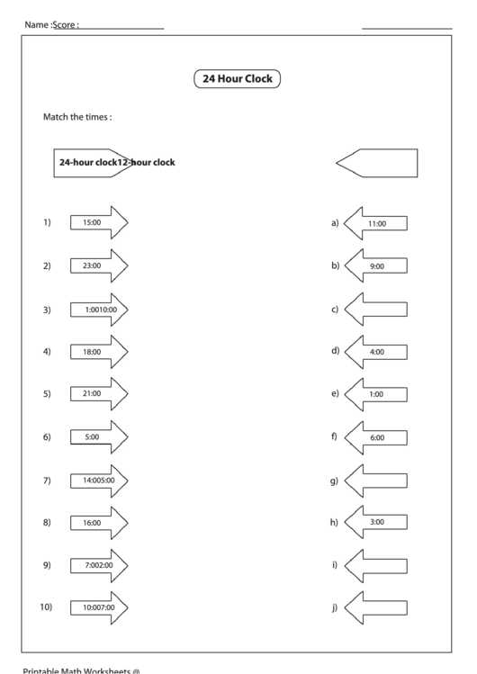 24 Hour Clock Worksheet Printable pdf