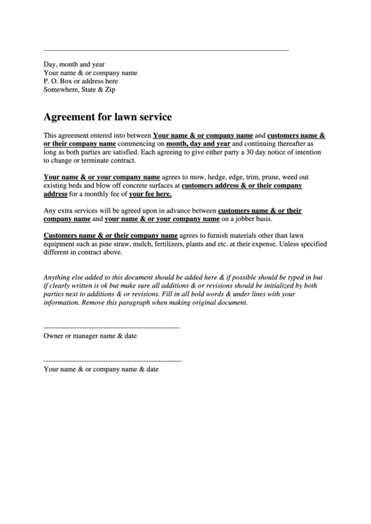 Agreement For Lawn Service Printable pdf