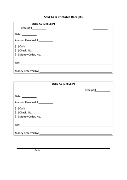 Sold As Is Receipt Template - 2 Per Page Printable pdf