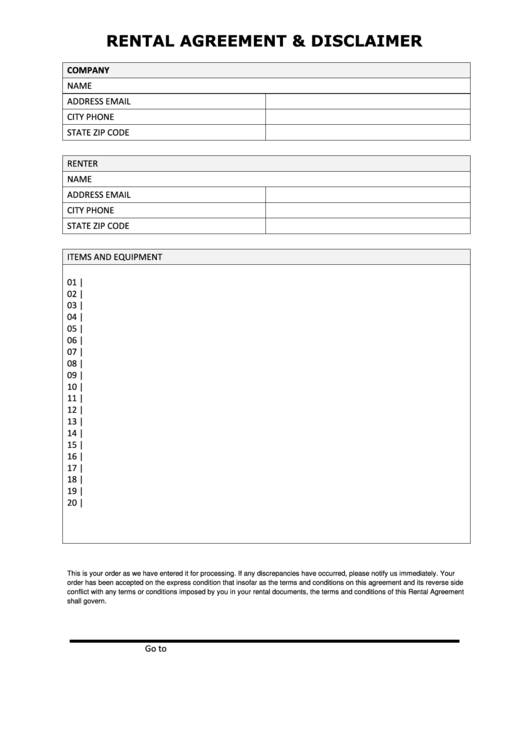 Items And Equipment Rental Agreement Template & Disclaimer Printable pdf