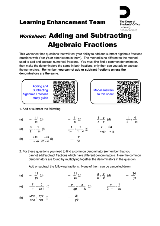 Worksheet: Adding And Subtracting Algebraic Fractions Printable pdf