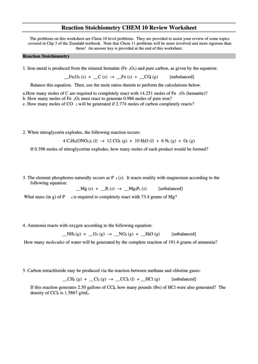 Reaction Stoichiometry Chem 10 Review Worksheet printable pdf download
