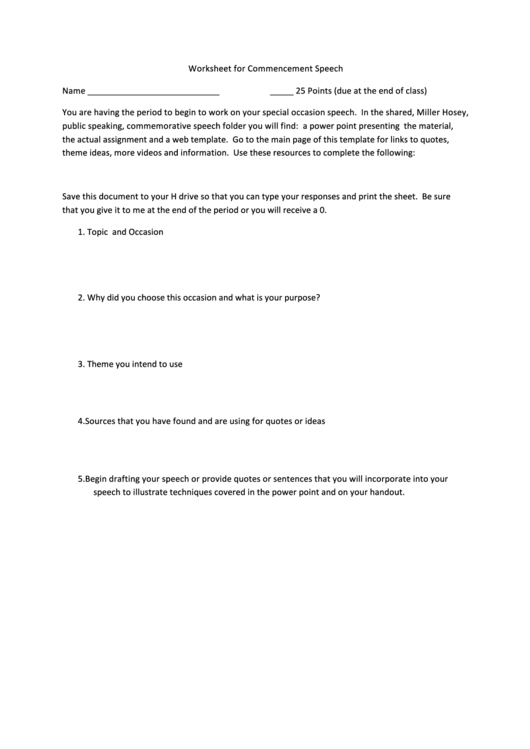 Worksheet For Commencement Speech Printable pdf