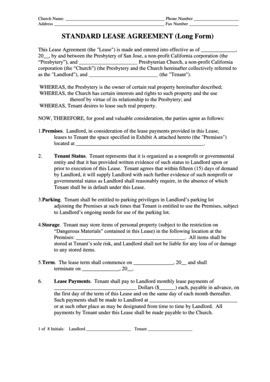 Standard Lease Agreement Template (Long Form) Printable pdf