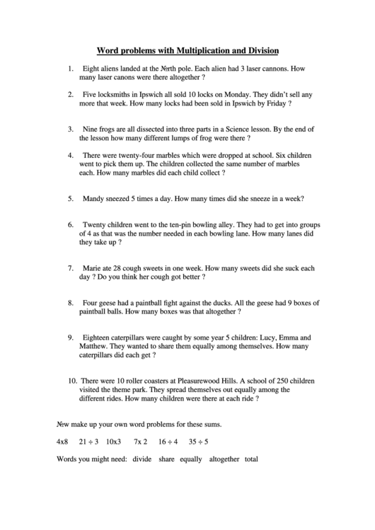 Word Problems With Multiplication And Division Worksheet Printable pdf