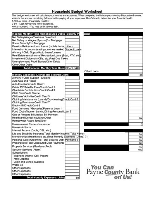 Fillable Household Budget Worksheet Template Printable pdf