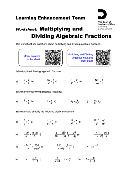 Multiplying And Diving Algebraic Fractions Printable pdf
