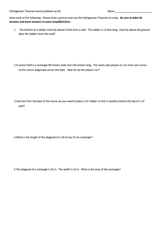 Pythagorean Theorem Word Problems Worksheet Template Printable pdf