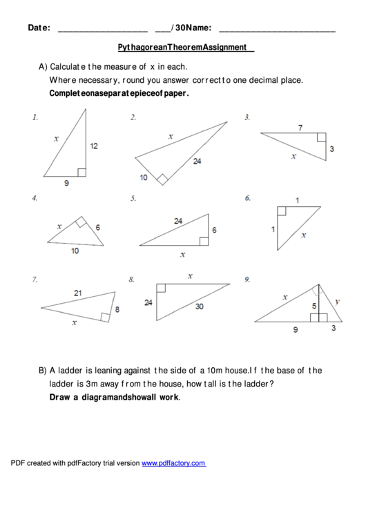 Pythagorean Theorem Assignment Printable pdf