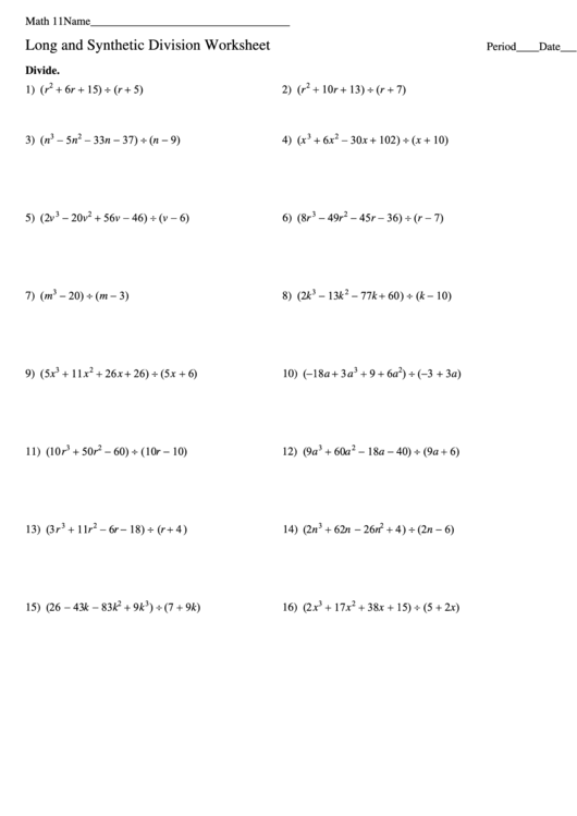 Long And Synthetic Division Worksheet Printable pdf