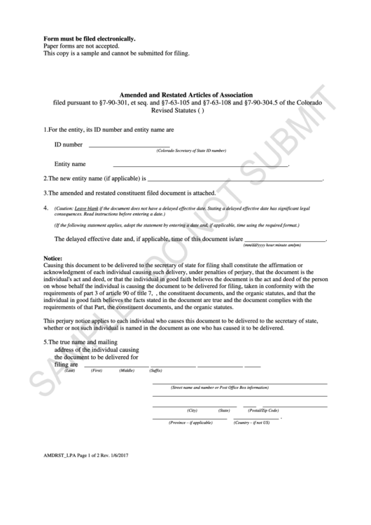 Form Amdrst_lpa Sample - Amended And Restated Articles Of Association - 2017 Printable pdf