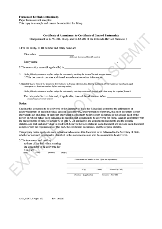 Certificate Of Amendment To Certificate Of Limited Partnership Printable pdf