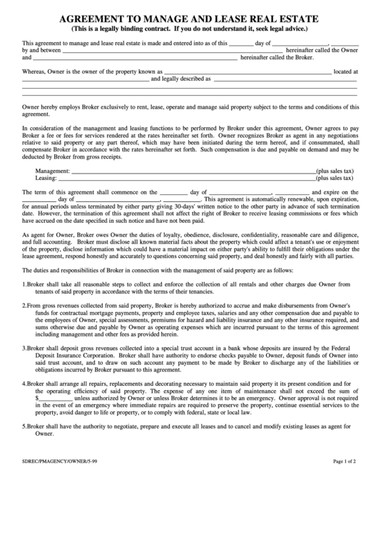 Agreement To Manage And Lease Real Estate Template Printable pdf