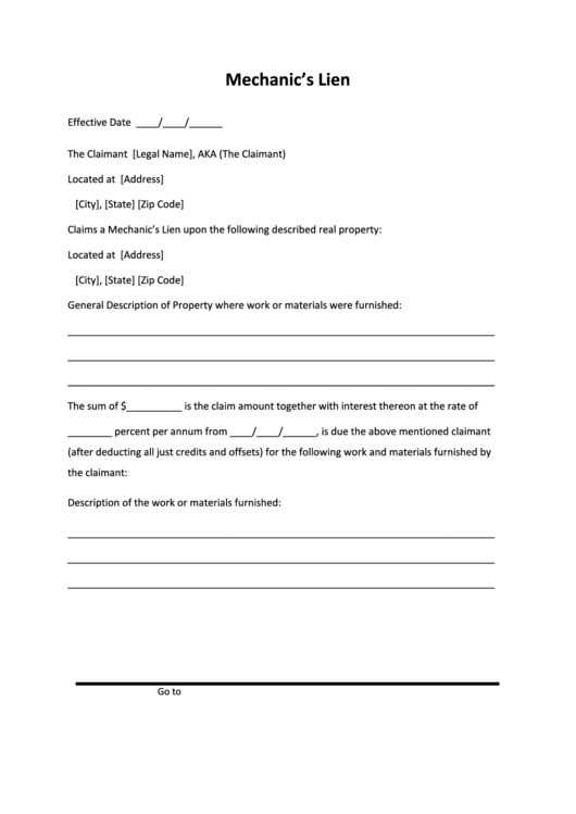 Mechanic S Lien Form Blank Printable Pdf Download