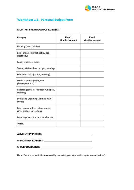Personal Budget Form Printable pdf