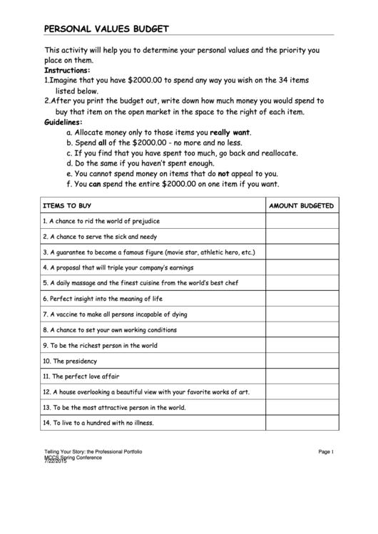 Personal Values Budget Template Printable pdf