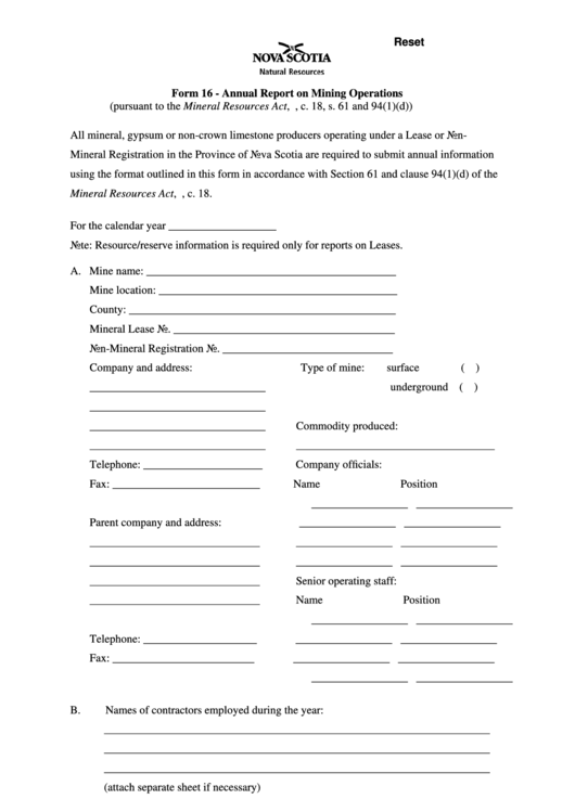 Fillable Form 16 - Annual Report On Mining Operations Printable pdf