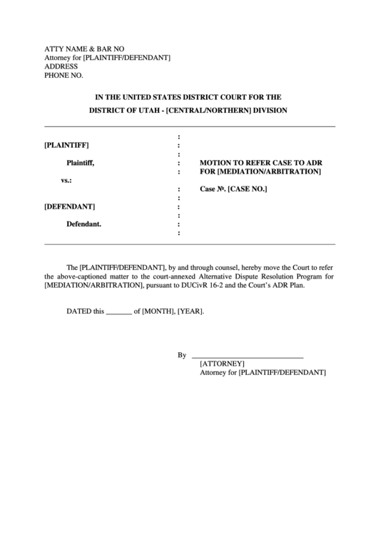 Motion To Refer Case To Adr For Mediation Or Arbitration Printable pdf