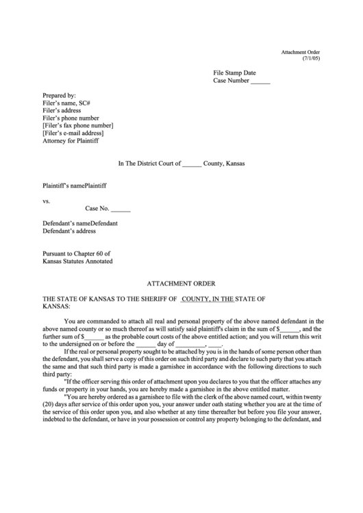 Attachment Order - Kansas District Court Printable pdf