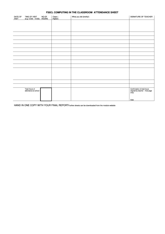 Computing In The Classroom Attendance Sheet Printable pdf