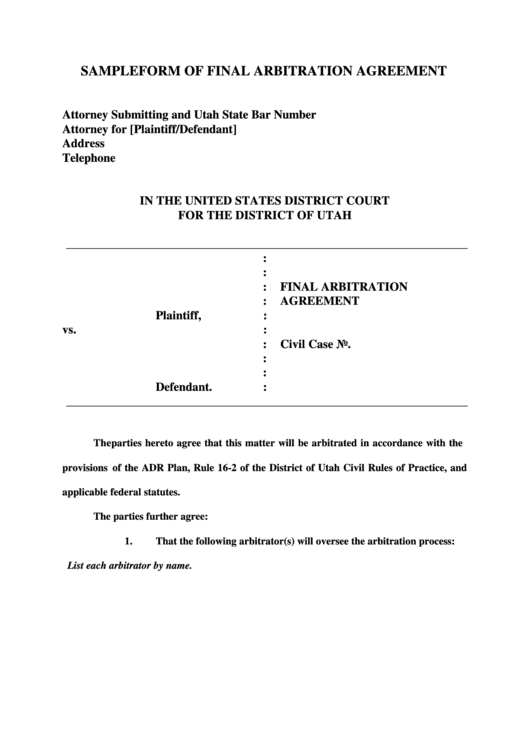 Sample Form Of Final Arbitration Agreement Printable pdf