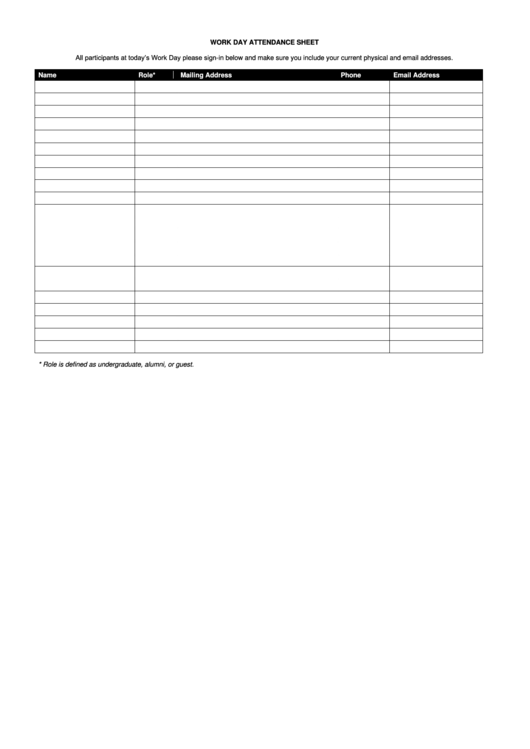 Work Day Attendance Sheet Printable pdf