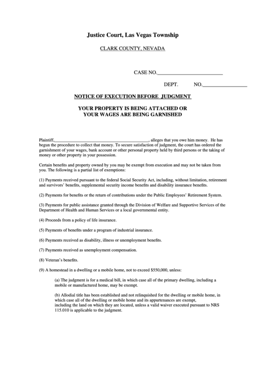 Notice Of Execution Before Judgment Printable pdf