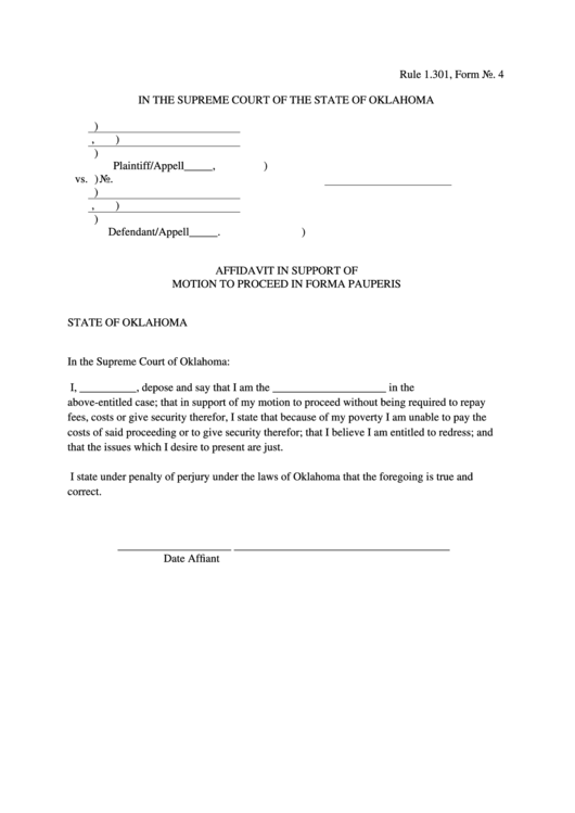 Affidavit In Support Of Motion To Proceed In Forma Pauperis Printable pdf