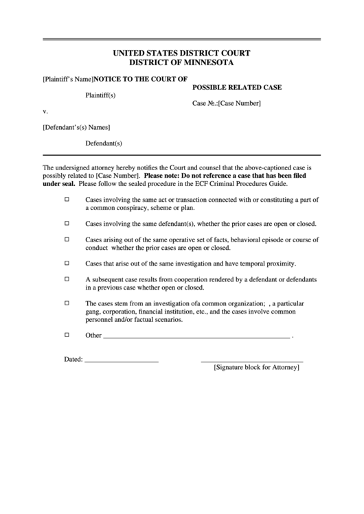 Notice To The Court Of Possible Related Case Printable pdf