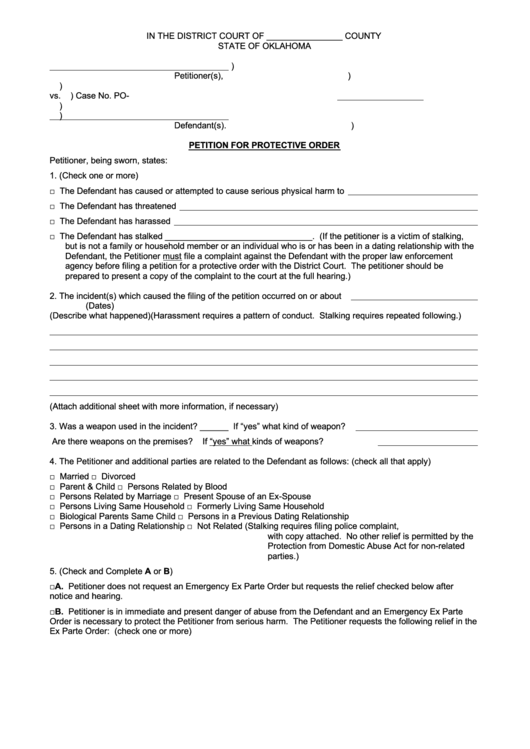 Petition For Protective Order Printable pdf