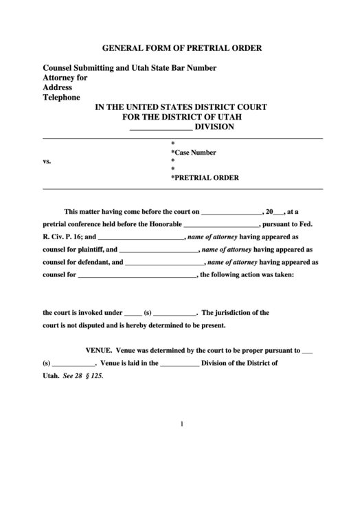 General Form Of Pretrial Order Printable pdf