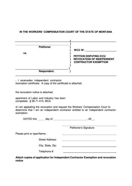 Petition Disputing Iccu Revocation Of Independent Contractor Exemption Printable pdf