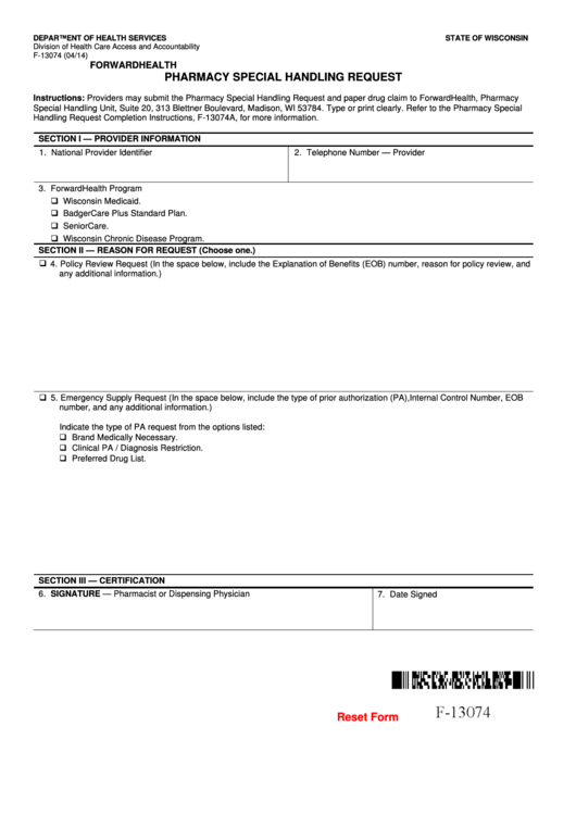Fillable F-13074 - Pharmacy Special Handling Request Printable pdf