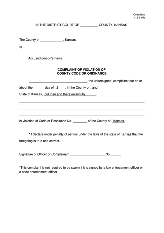 Complaint Of Violation Of County Code Or Ordinance Printable pdf