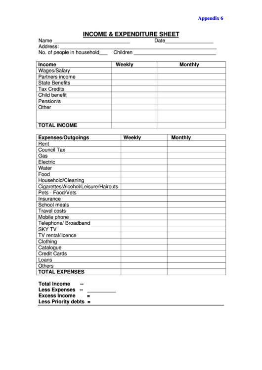 Income & Expenditure Sheet Printable pdf