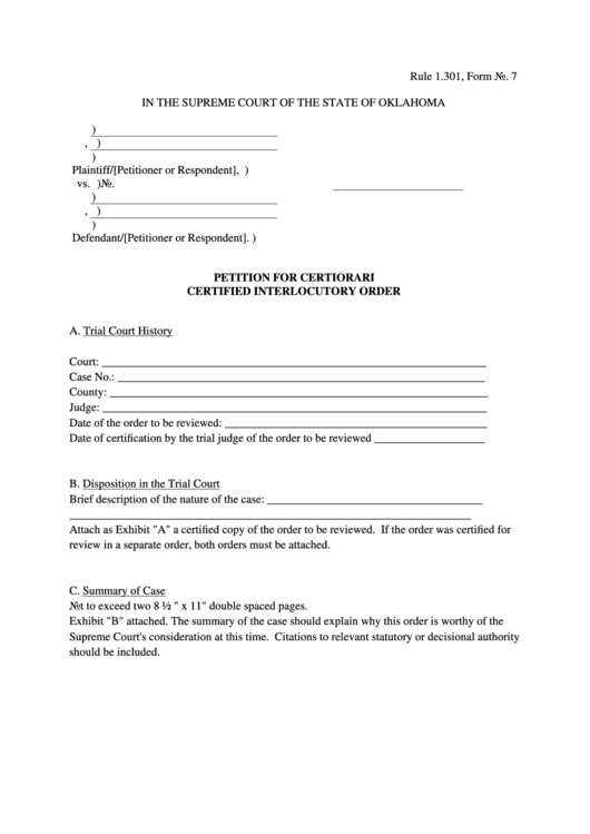 Petition For Certiorari Certified Interlocutory Order Printable pdf