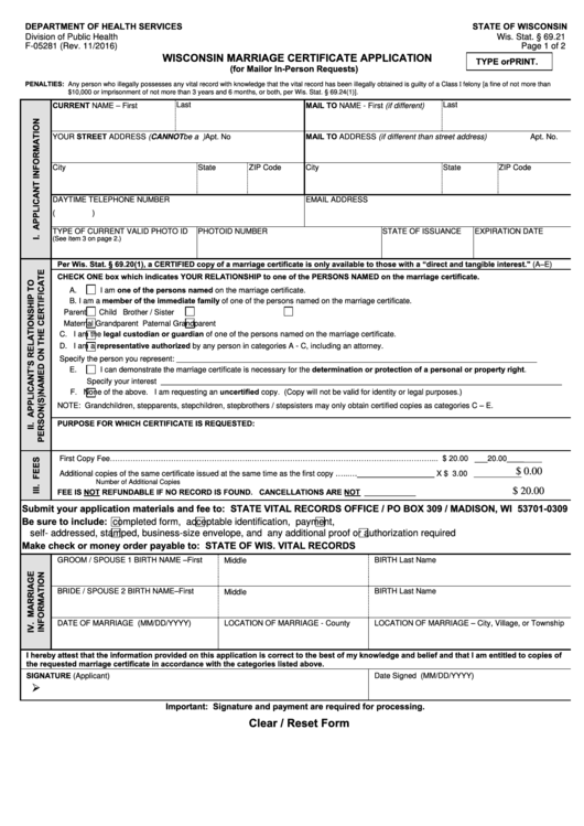 Form F-05281 - Wisconsin Marriage Certificate Application