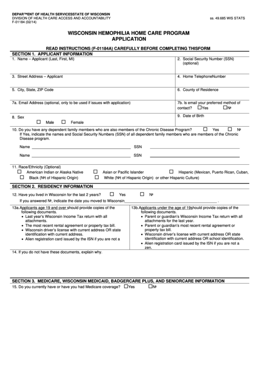 Fillable Form F-01184 - Wisconsin Hemophilia Home Care Program Application - 2014 Printable pdf