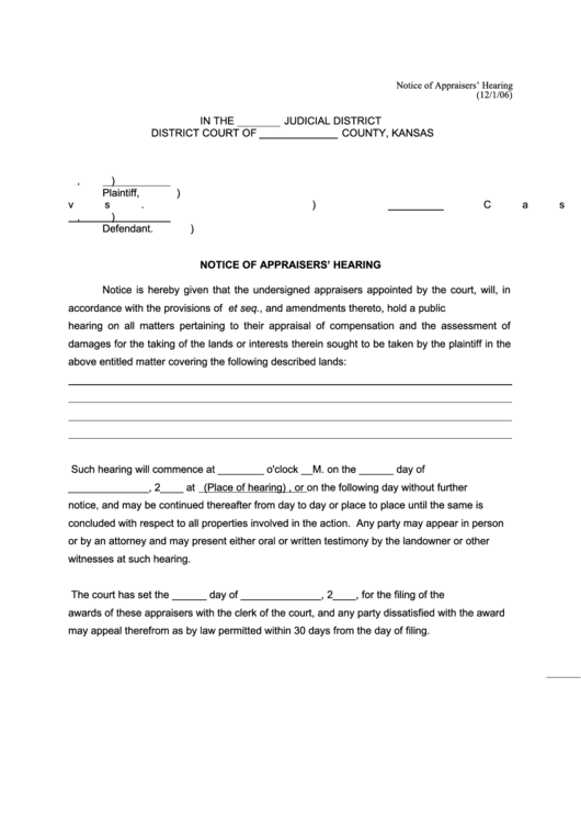 Notice Of Appraisers Hearing Printable pdf