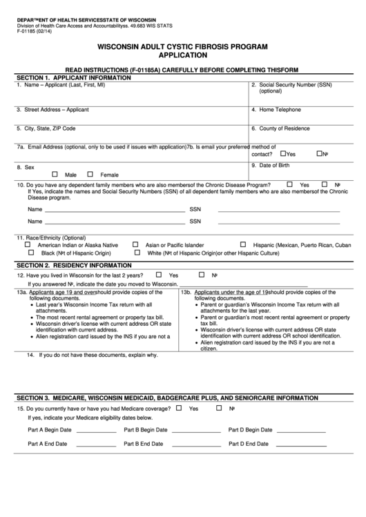 Form F-01185 - Wisconsin Adult Cystic Fibrosis Program Application - 2014 Printable pdf