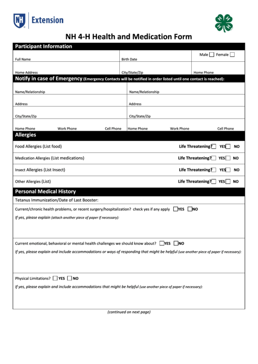 Nh 4h Health And Medication Form Printable pdf