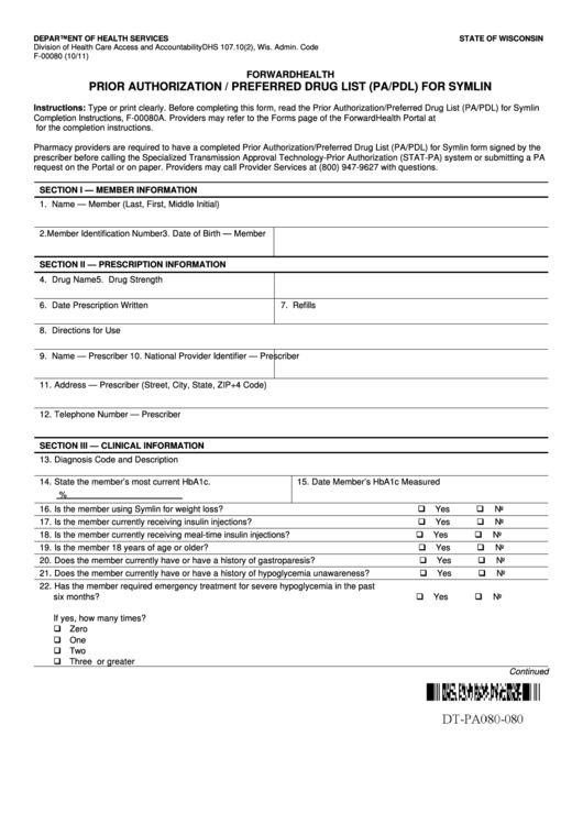 Fillable Form F-00080 - Prior Authorization / Preferred Drug List (Pa/pdl) For Symlin Printable pdf