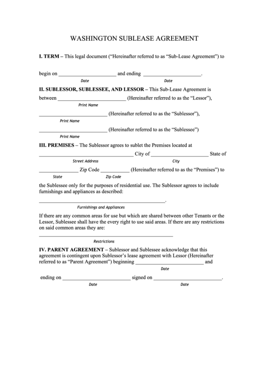 Fillable Washington Sublease Agreement Template Printable pdf