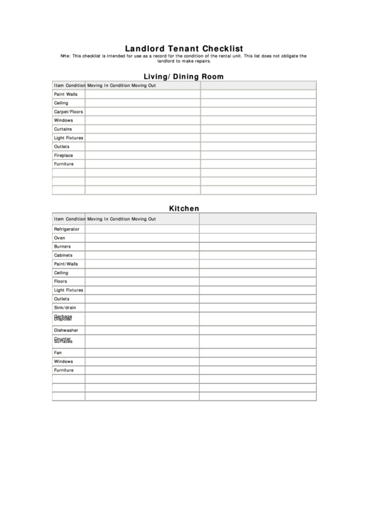Fillable Landlord Tenant Checklist Printable pdf