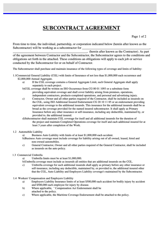 Subcontract Agreement Printable pdf
