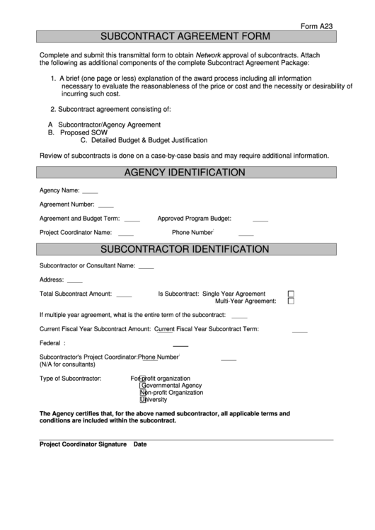 Form A23 - Subcontract Agreement Form Printable pdf